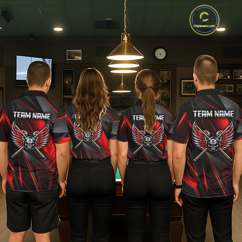Custom Wings Cue 8 Ball Skull Pool Billiard Shirt For Women Red Geometric Billiard Tournament Shirt NYN4824
