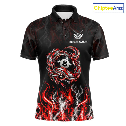 Custom Snake 8 Ball Billiard Polo 1/4-Zip Shirt For Men White & Red Flaming Billiard Pool Team Jersey NYN4826