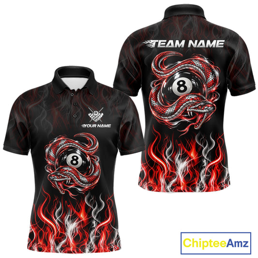 Custom Snake 8 Ball Billiard Polo 1/4-Zip Shirt For Men White & Red Flaming Billiard Pool Team Jersey NYN4826