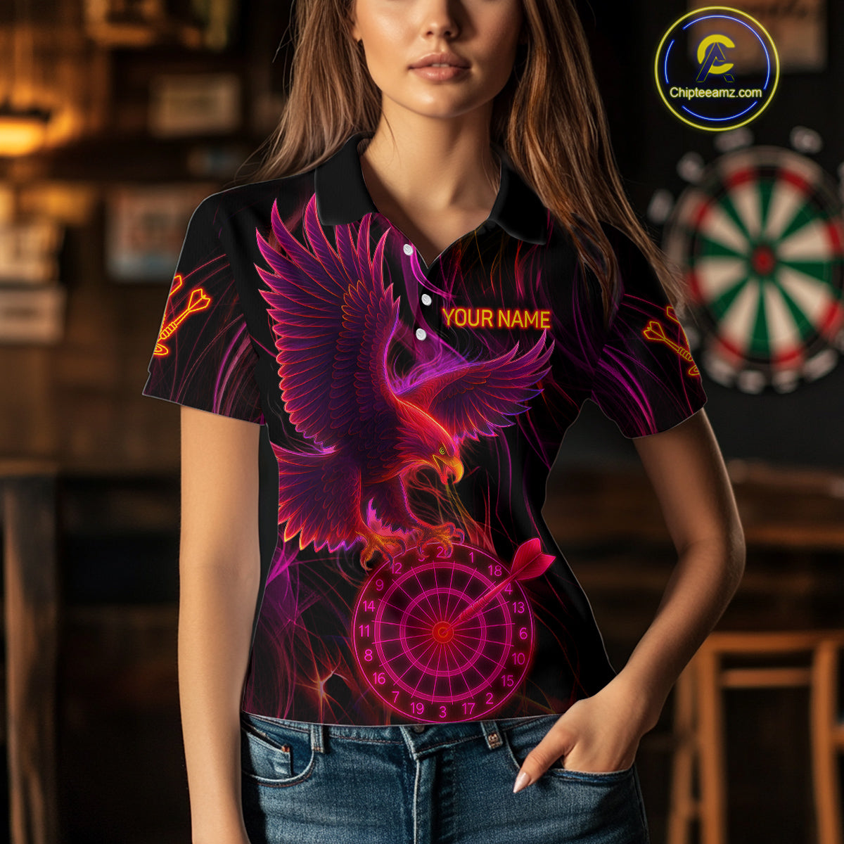 Purple Neon Eagle Dartboard Custom Darts Polo Shirt For Women - Darts Team Jersey NYN0741