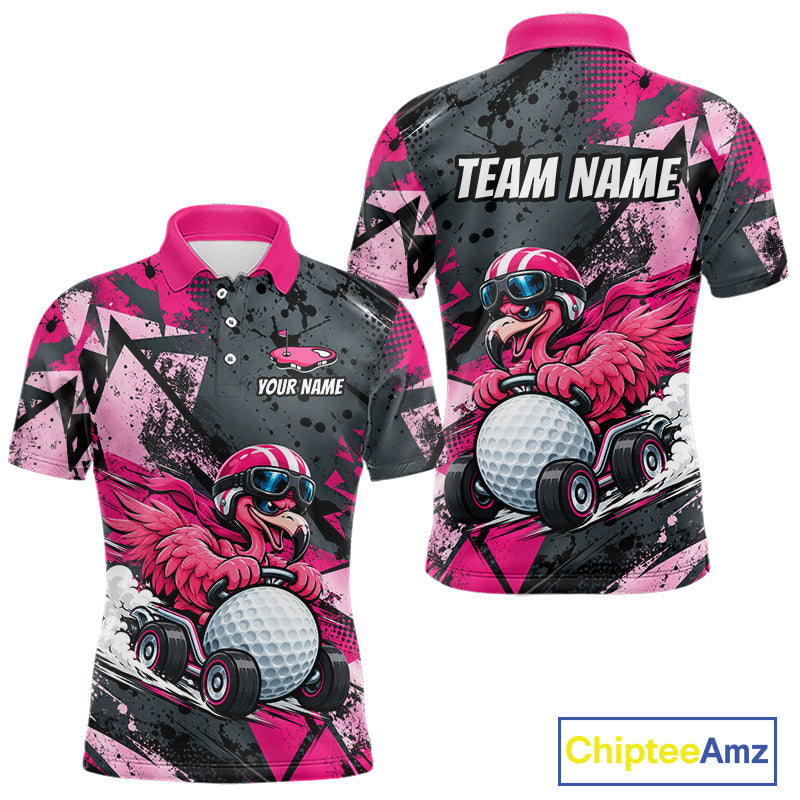 Personalized Golf Polo Shirt For Men Custom Name Racing Flamingo Funny Golf Team Tournament Jersey  NYN4458