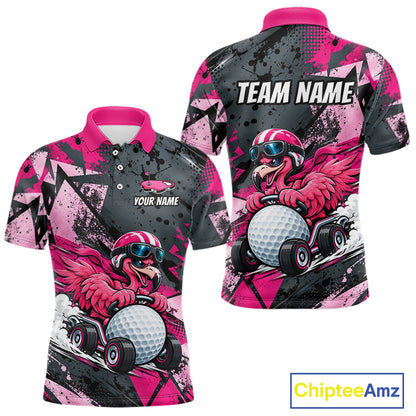 Personalized Golf Polo Shirt For Men Custom Name Racing Flamingo Funny Golf Team Tournament Jersey  NYN4458