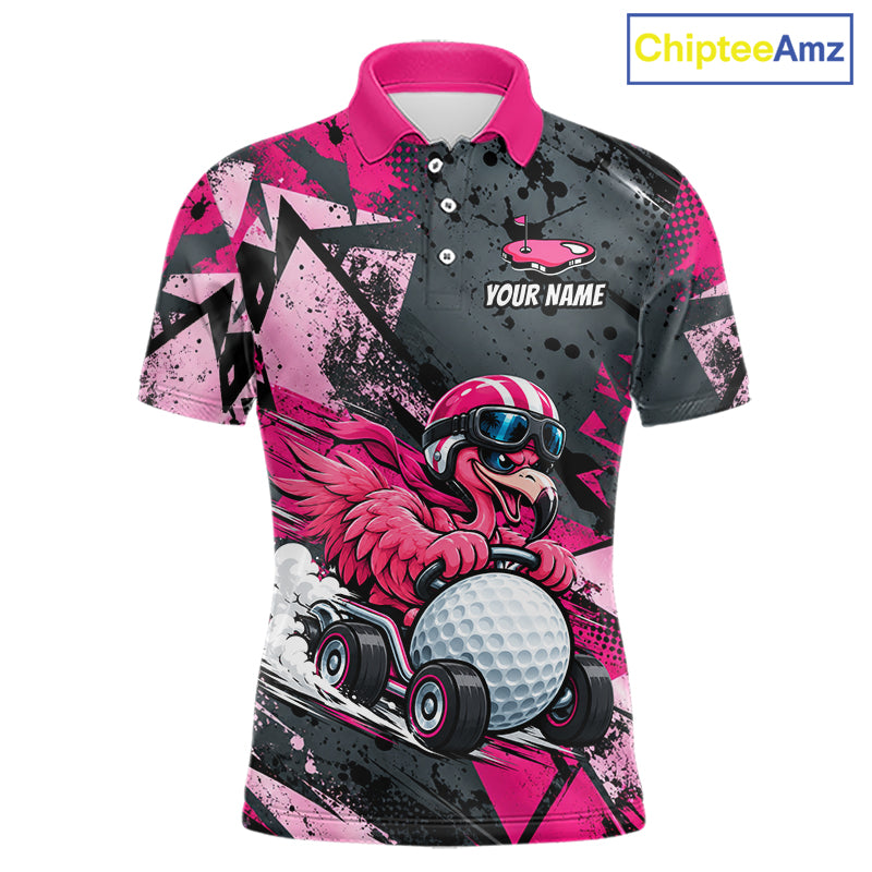Personalized Golf Polo Shirt For Men Custom Name Racing Flamingo Funny Golf Team Tournament Jersey  NYN4458