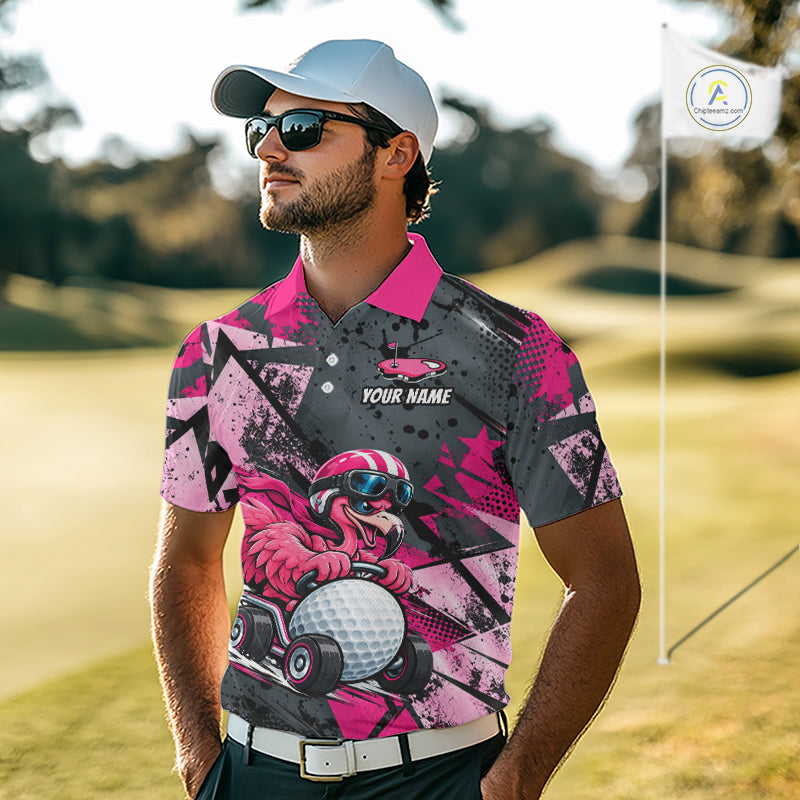 Personalized Golf Polo Shirt For Men Custom Name Racing Flamingo Funny Golf Team Tournament Jersey  NYN4458