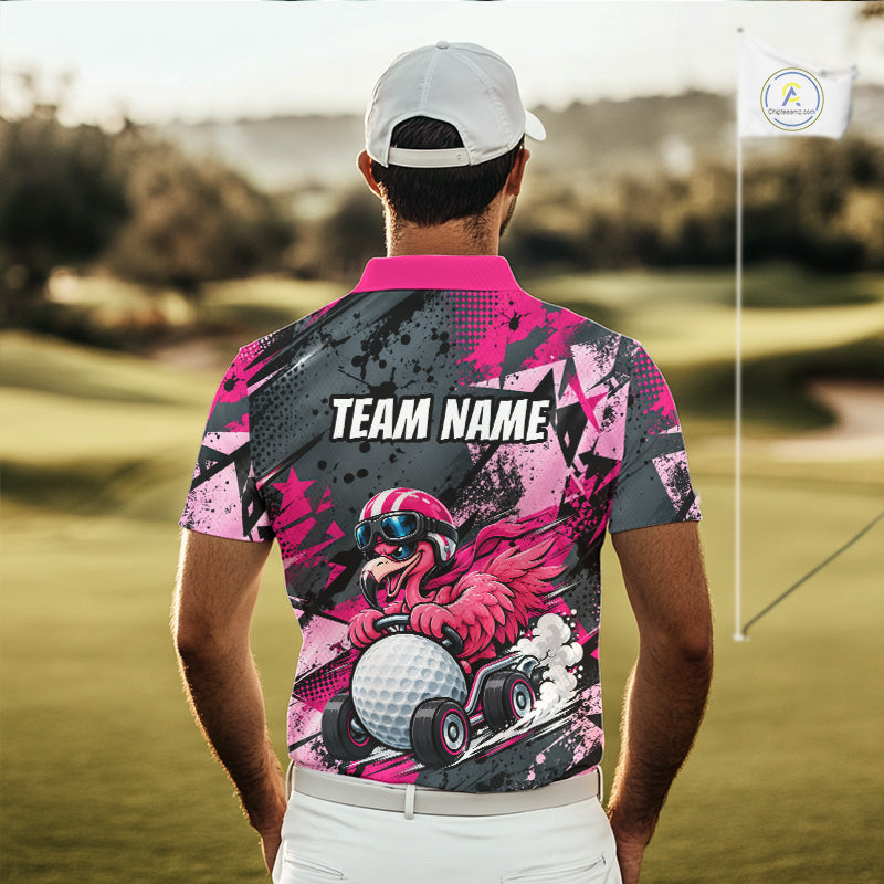 Personalized Golf Polo Shirt For Men Custom Name Racing Flamingo Funny Golf Team Tournament Jersey  NYN4458