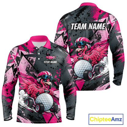 Personalized Golf Polo Shirt For Men Custom Name Racing Flamingo Funny Golf Team Tournament Jersey  NYN4458