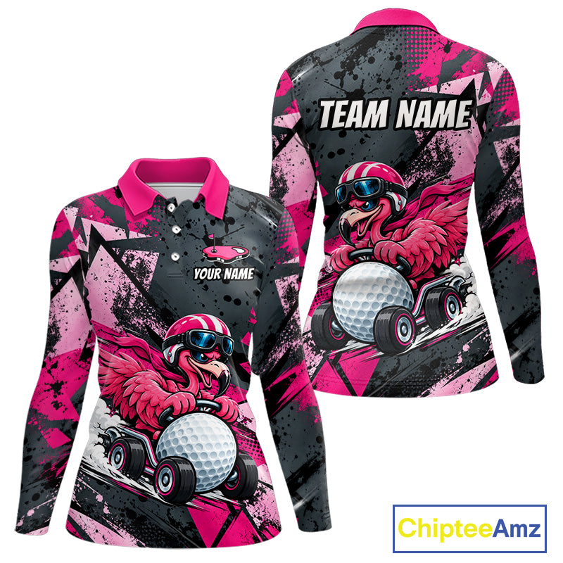 Personalized Golf Polo Shirt For Women Custom Name Racing Flamingo Funny Golf Team Tournament Jersey  NYN4458
