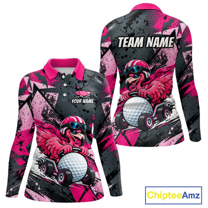 Personalized Golf Polo Shirt For Women Custom Name Racing Flamingo Funny Golf Team Tournament Jersey  NYN4458