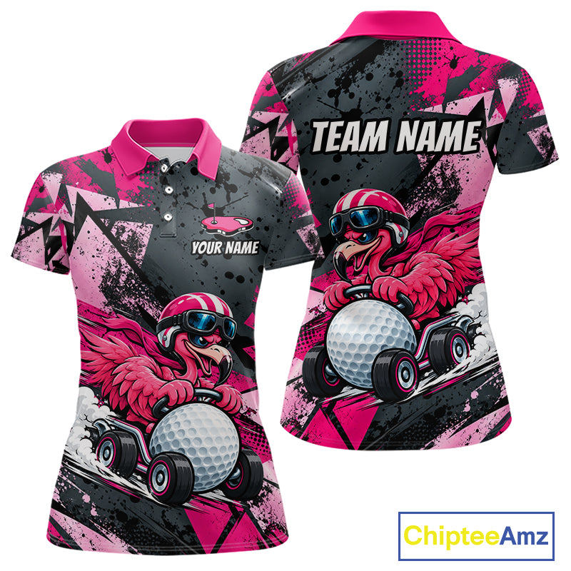 Personalized Golf Polo Shirt For Women Custom Name Racing Flamingo Funny Golf Team Tournament Jersey  NYN4458