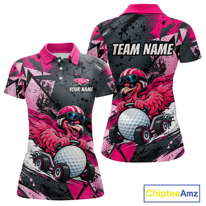 Personalized Golf Polo Shirt For Women Custom Name Racing Flamingo Funny Golf Team Tournament Jersey  NYN4458