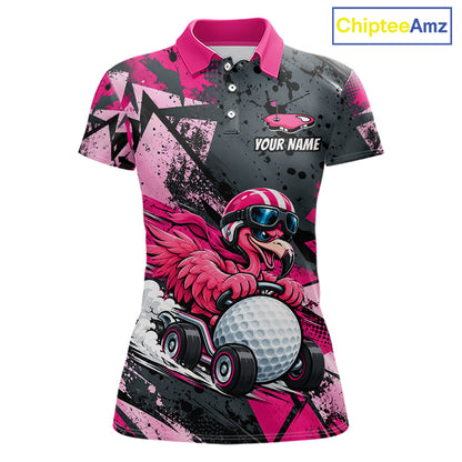 Personalized Golf Polo Shirt For Women Custom Name Racing Flamingo Funny Golf Team Tournament Jersey  NYN4458