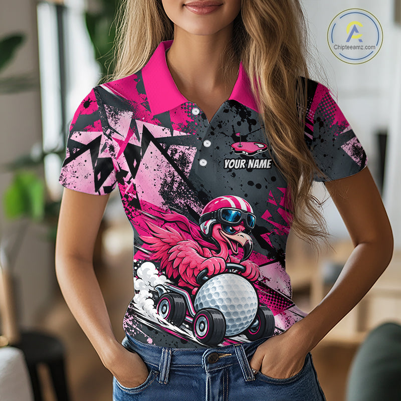 Personalized Golf Polo Shirt For Women Custom Name Racing Flamingo Funny Golf Team Tournament Jersey  NYN4458
