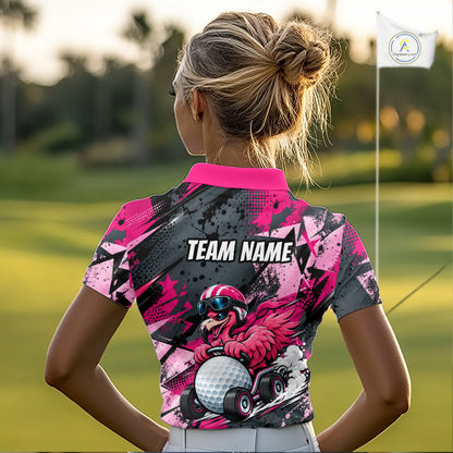Personalized Golf Polo Shirt For Women Custom Name Racing Flamingo Funny Golf Team Tournament Jersey  NYN4458