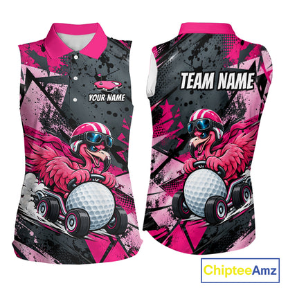 Personalized Golf Sleeveless Polo Shirt For Women Custom Name Racing Flamingo Funny Golf Team Tournament Jersey  NYN4458