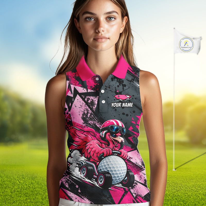 Personalized Golf Sleeveless Polo Shirt For Women Custom Name Racing Flamingo Funny Golf Team Tournament Jersey  NYN4458