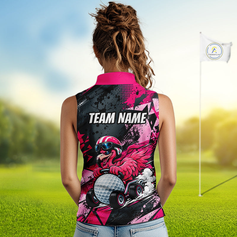 Personalized Golf Sleeveless Polo Shirt For Women Custom Name Racing Flamingo Funny Golf Team Tournament Jersey  NYN4458