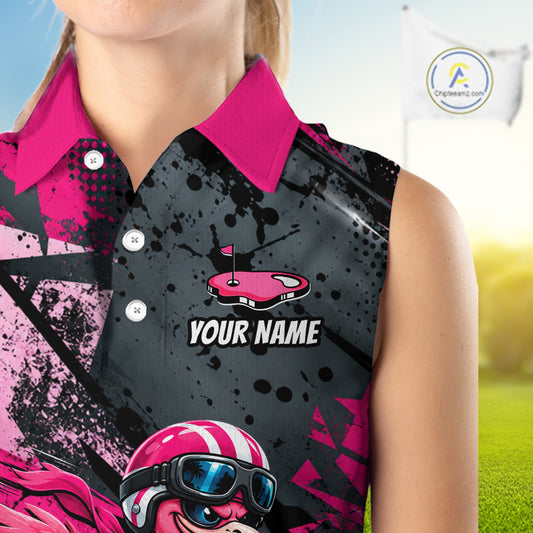 Personalized Golf Sleeveless Polo Shirt For Women Custom Name Racing Flamingo Funny Golf Team Tournament Jersey  NYN4458