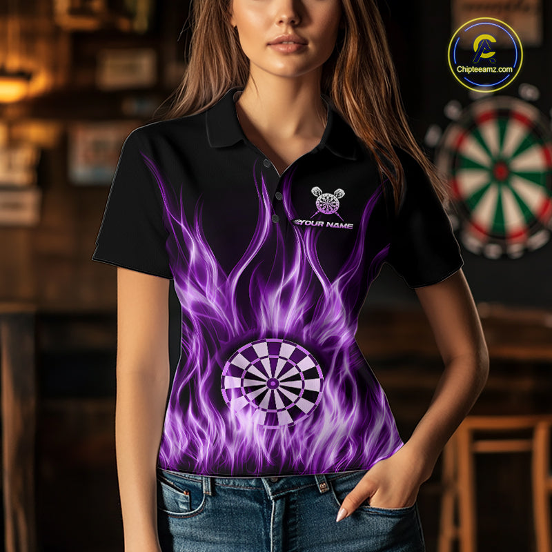 Custom Purple Fire Flames Darts Shirt For Women Customized Team Darts Polo 1/4-Zip Jersey NYN4839