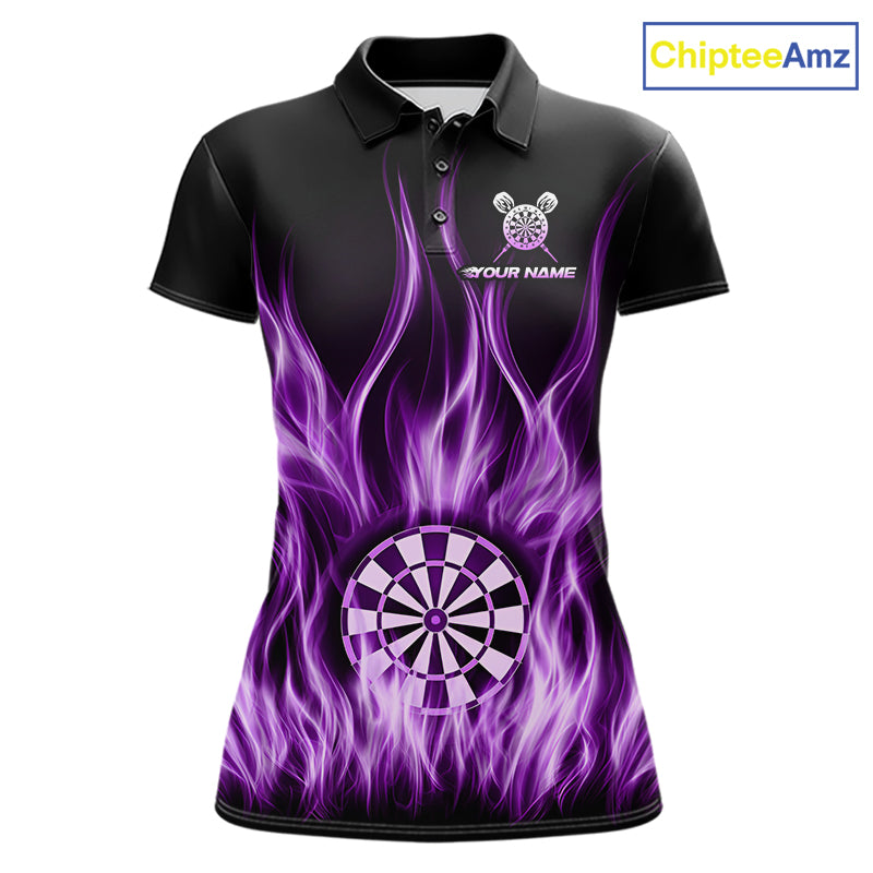 Custom Purple Fire Flames Darts Shirt For Women Customized Team Darts Polo 1/4-Zip Jersey NYN4839