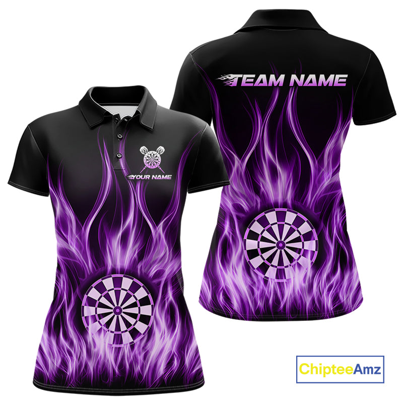 Custom Purple Fire Flames Darts Shirt For Women Customized Team Darts Polo 1/4-Zip Jersey NYN4839