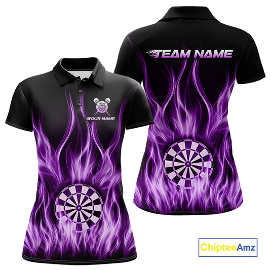 Custom Purple Fire Flames Darts Shirt For Women Customized Team Darts Polo 1/4-Zip Jersey NYN4839
