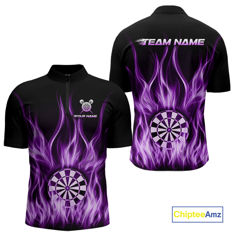 Custom Purple Fire Flames Darts Shirt For Men Customized Team Darts Polo 1/4-Zip Jersey NYN4839