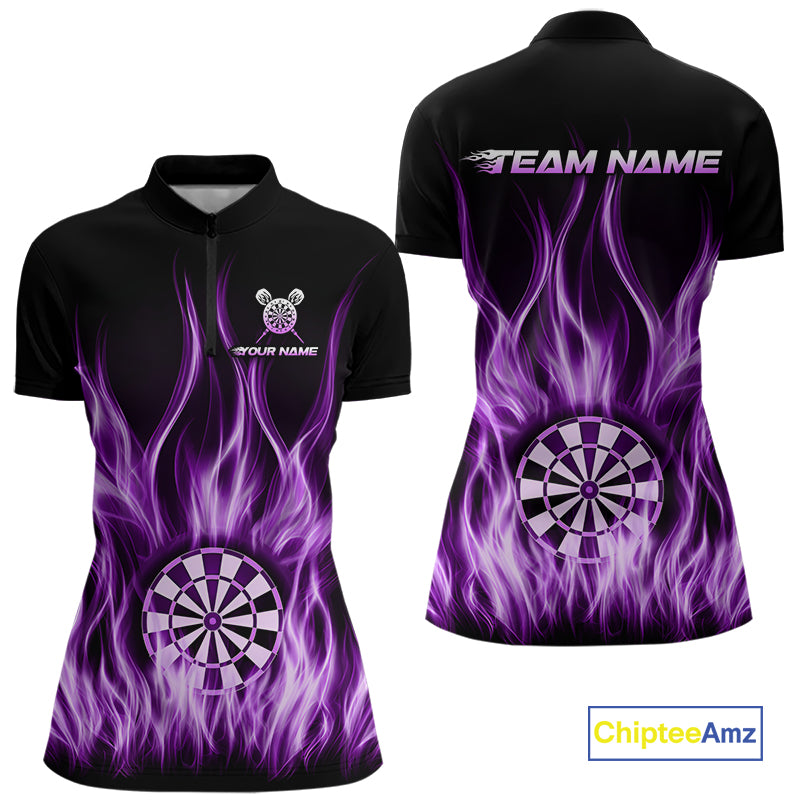 Custom Purple Fire Flames Darts Shirt For Women Customized Team Darts Polo 1/4-Zip Jersey NYN4839