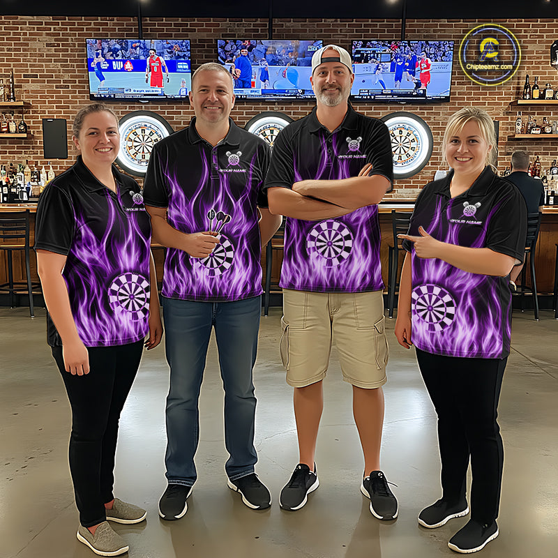 Custom Purple Fire Flames Darts Shirt For Men Customized Team Darts Polo 1/4-Zip Jersey NYN4839