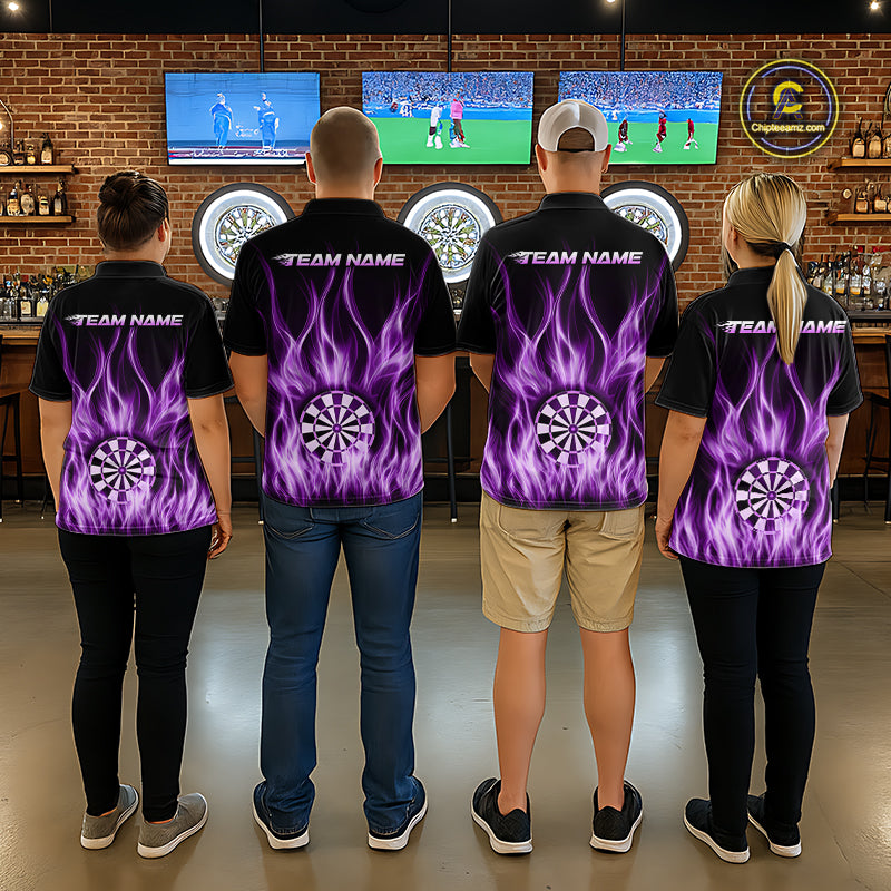 Custom Purple Fire Flames Darts Shirt For Men Customized Team Darts Polo 1/4-Zip Jersey NYN4839