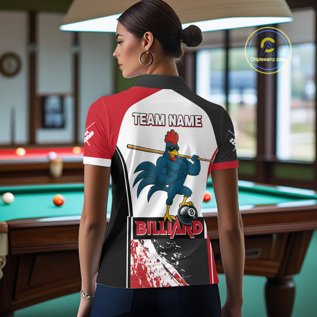 Funny Rooster Play Pool 8 Ball Women's Billiard Shirt Custom Billiard Polo & 1/4 Zip Attire|Red NYN2478