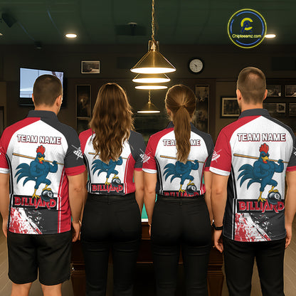 Funny Rooster Play Pool 8 Ball Women's Billiard Shirt Custom Billiard Polo & 1/4 Zip Attire|Red NYN2478
