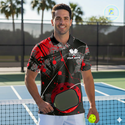 Custom Black Grunge Red Pickleball Ball T-Shirt For Men Splatter Pickleball Jerseys NYN2481