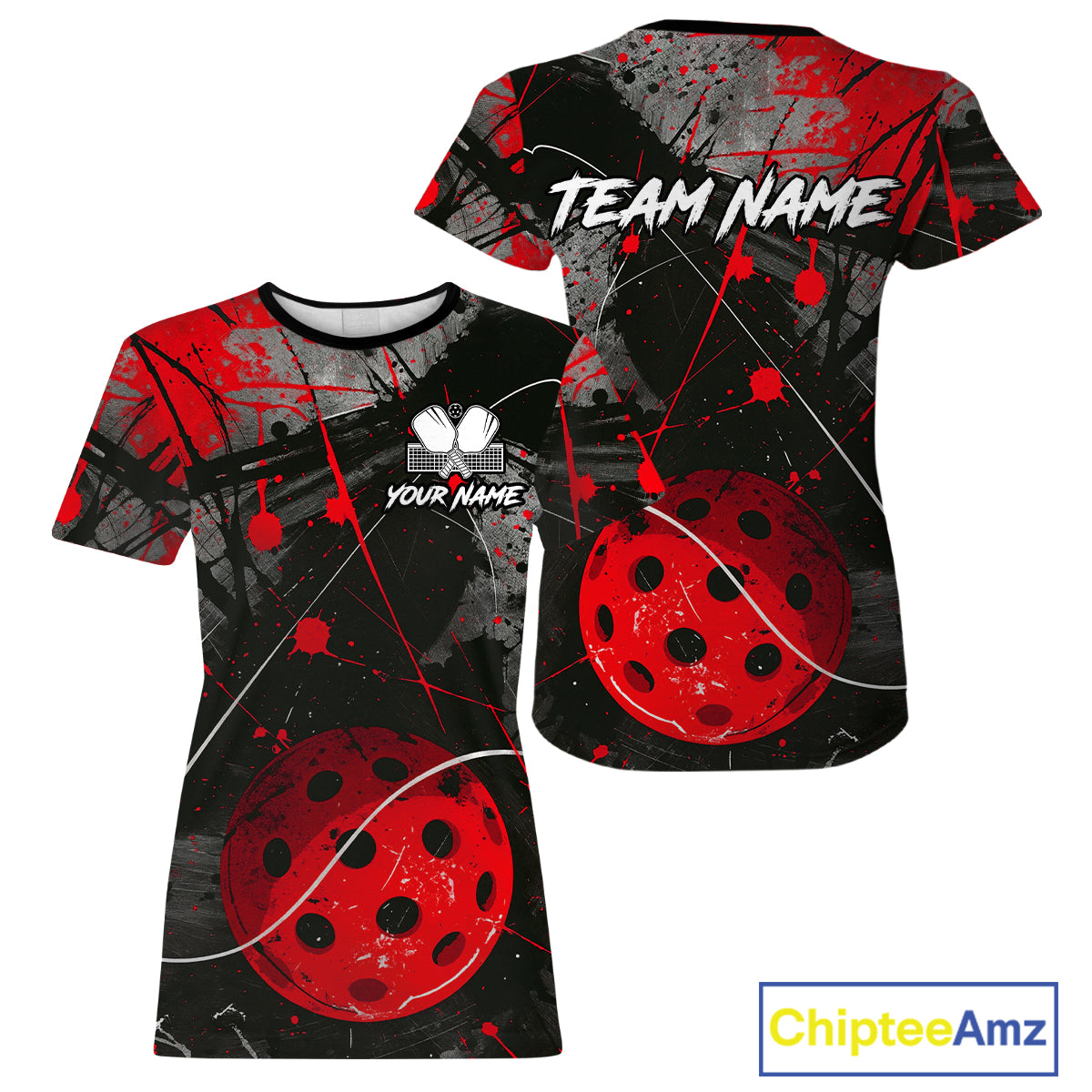 Custom Black Grunge Red Pickleball Ball T-Shirt For Women Splatter Pickleball Jerseys NYN2481
