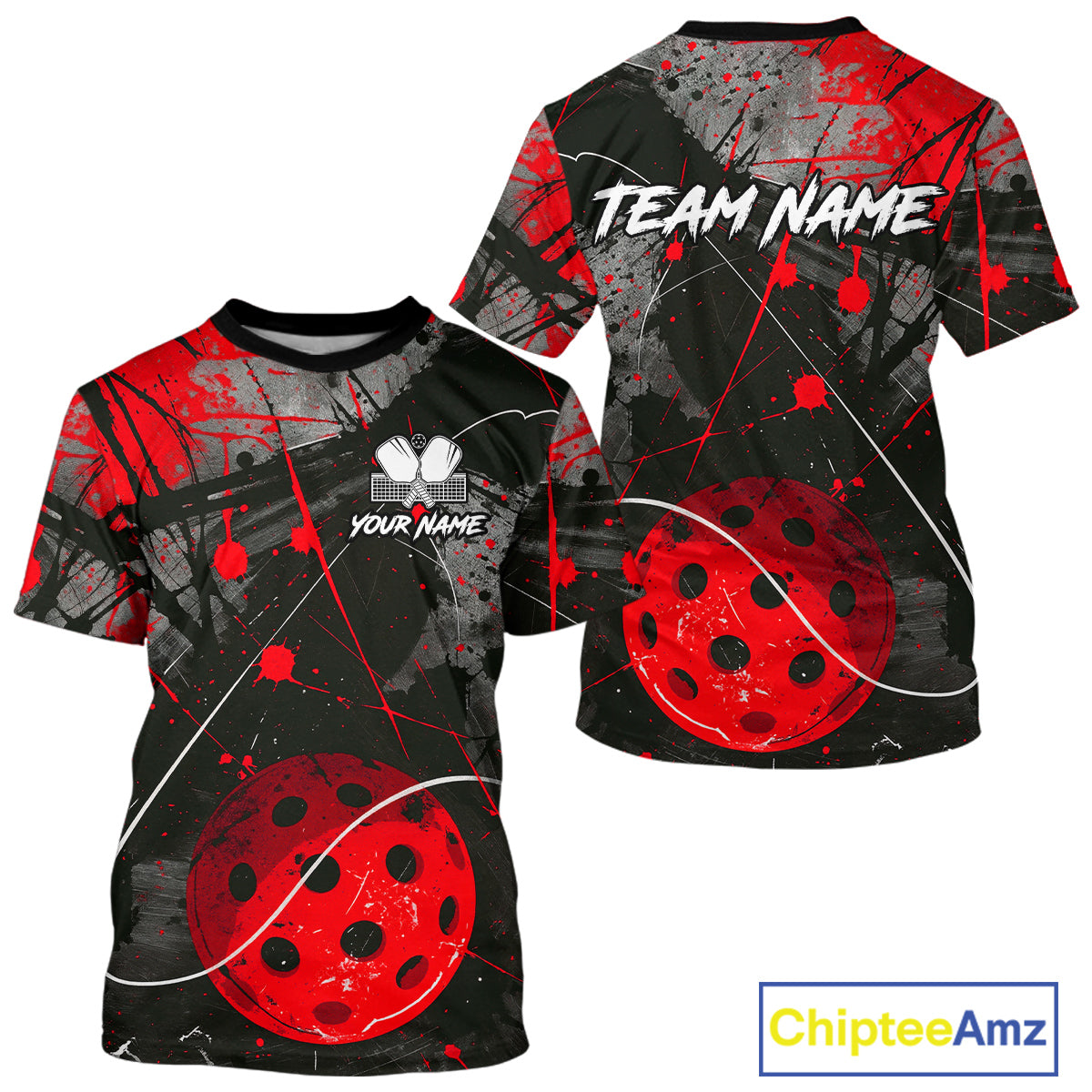 Custom Black Grunge Red Pickleball Ball T-Shirt For Men Splatter Pickleball Jerseys NYN2481