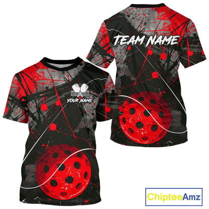 Custom Black Grunge Red Pickleball Ball T-Shirt For Men Splatter Pickleball Jerseys NYN2481