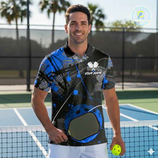 Custom Black Grunge Blue Pickleball Ball T-Shirt For Men Splatter Pickleball Jerseys NYN2482