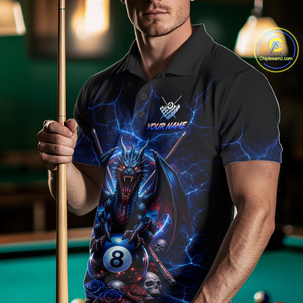 Custom Dragon Roses 8 Ball Billiard Pool Shirt For Men Thunder Blue Red Skull Team Billiard Jersey NYN3068