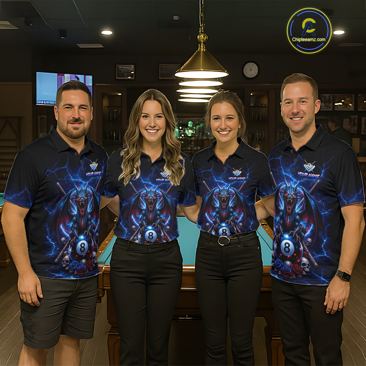 Custom Dragon Roses 8 Ball Billiard Pool Shirt For Women Thunder Blue Red Skull Team Billiard Jersey NYN3068