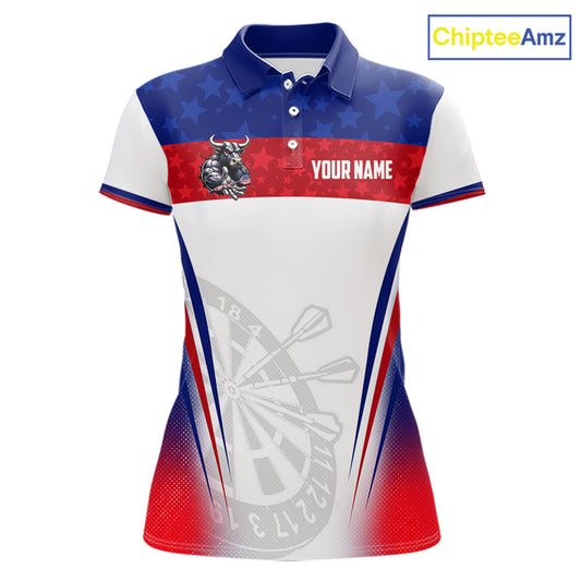 Women's funny bull American flag dart polo shirt mockup patriotic dart jersey