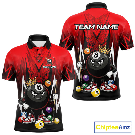 Black & Red Funny Crown 8 Ball Billiard Shirt For Men Custom 8 Ball Pool Polo & 1/4 Zip Jersey NYN3785