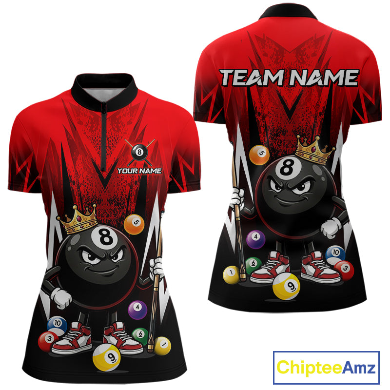 Black & Red Funny Crown 8 Ball Billiard Shirt For Women Custom 8 Ball Pool Polo & 1/4 Zip Jersey NYN3787