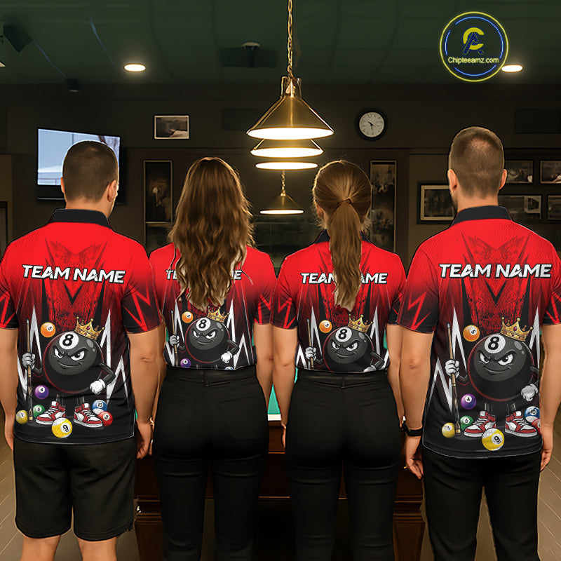 Black & Red Funny Crown 8 Ball Billiard Shirt For Men Custom 8 Ball Pool Polo & 1/4 Zip Jersey NYN3787