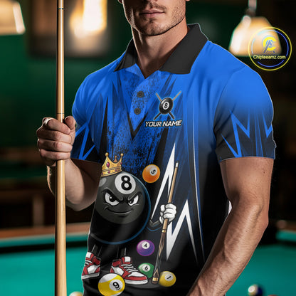 Black & Blue Funny Crown 8 Ball Billiard Shirt For Men Custom 8 Ball Pool Polo & 1/4 Zip Jersey NYN3788