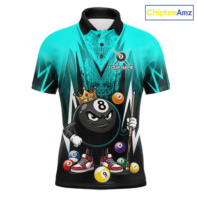 Black & Turquoise Funny Crown 8 Ball Billiard Shirt For Men Custom 8 Ball Pool Polo & 1/4 Zip Jersey NYN3789