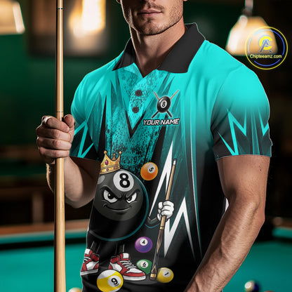 Black & Turquoise Funny Crown 8 Ball Billiard Shirt For Men Custom 8 Ball Pool Polo & 1/4 Zip Jersey NYN3789