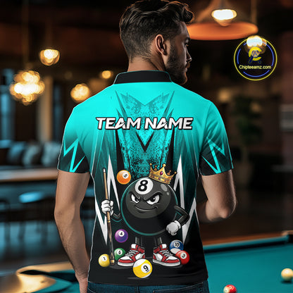 Black & Turquoise Funny Crown 8 Ball Billiard Shirt For Men Custom 8 Ball Pool Polo & 1/4 Zip Jersey NYN3789