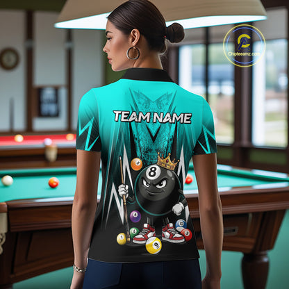 Black & Turquoise Funny Crown 8 Ball Billiard Shirt For Women Custom 8 Ball Pool Polo & 1/4 Zip Jersey NYN3789
