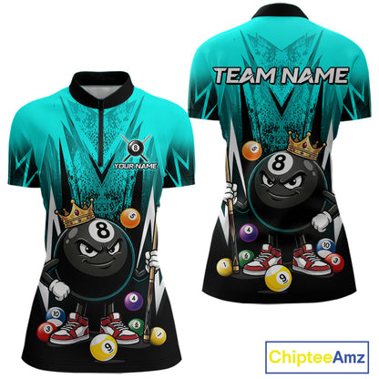 Black & Turquoise Funny Crown 8 Ball Billiard Shirt For Women Custom 8 Ball Pool Polo & 1/4 Zip Jersey NYN3789