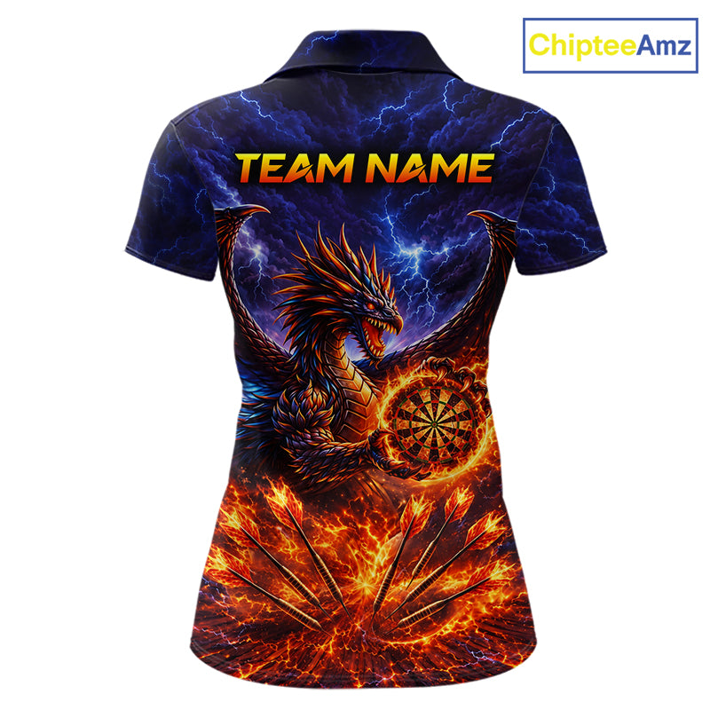 Blue And Red Flame Dragon Darts Polo Quarter-Zip Shirts For Women Custom Dragon Darts Team Jersey NYN4082