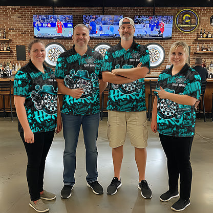 Black & Teal Graffiti Dartboard Cowboy Gun Women Darts Polo 1/4 Zip Shirts Custom Darts Team Jersey NYN4086